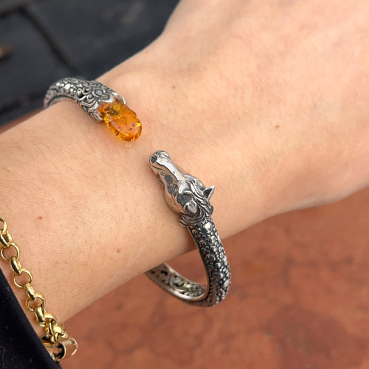 Estate Silver Horse Head + Amber Detailed Hinged Cuff Bracelet 020