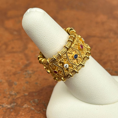 Estate 18KT Yellow Gold Matte Byzantine Gemstone Flexible Ring