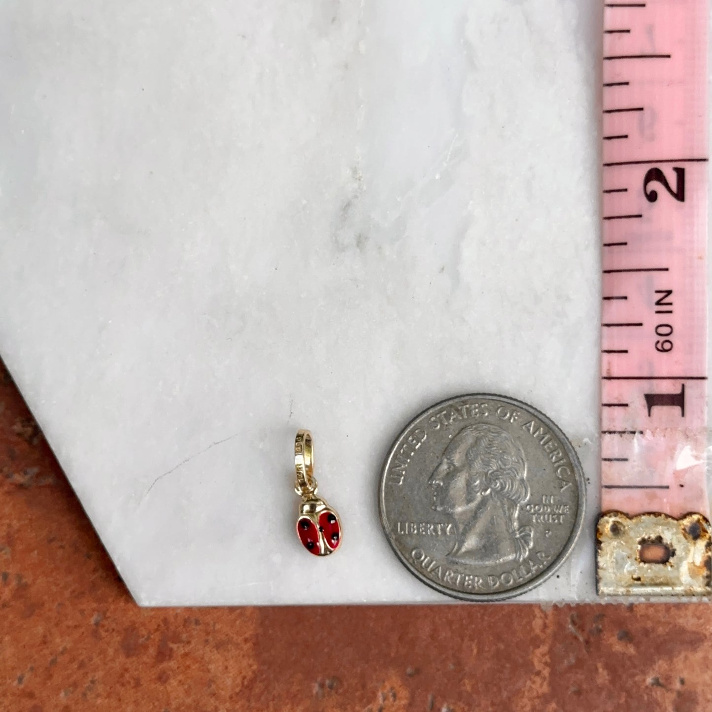 14KT Yellow Gold Red Enamel 2-Sided Ladybug Pendant Charm