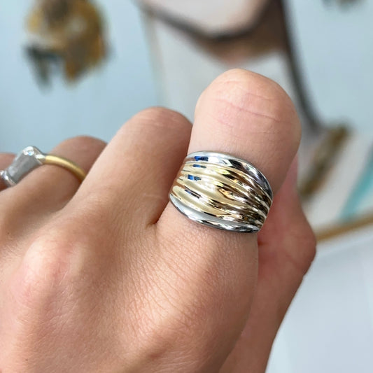 14KT Yellow Gold + White Gold Accent Domed Textured Band Ring