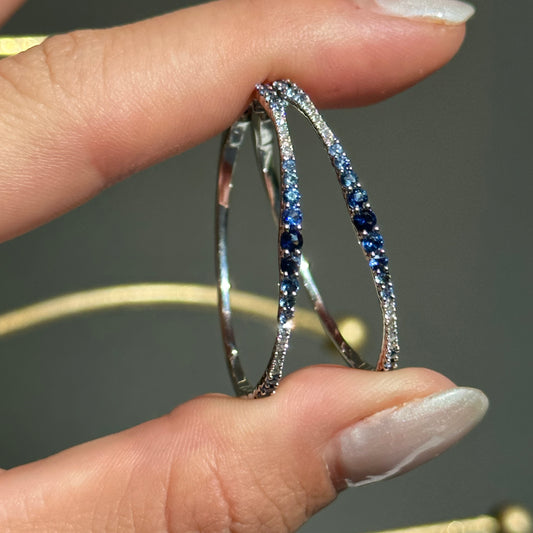 14KT White Gold Ombre Blue Sapphire + Diamond Hoop Earrings