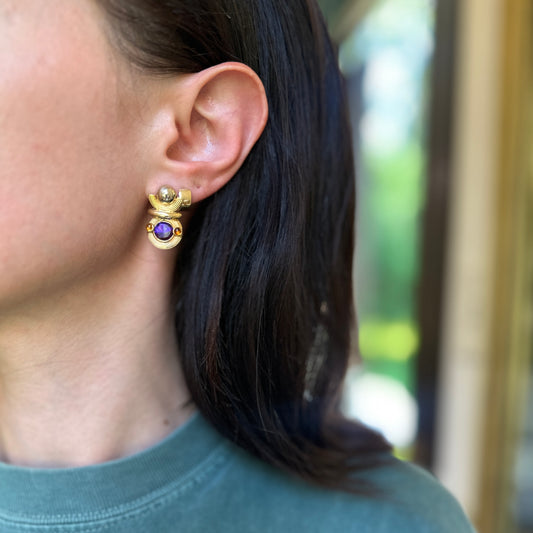 Estate 10KT Yellow Gold Amethyst + Cabochon Citrine Dangle Earrings