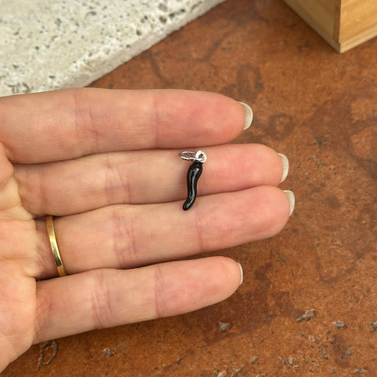 Sterling Silver + Black Enamel "Cornicello" Italian Horn Pendant Charm