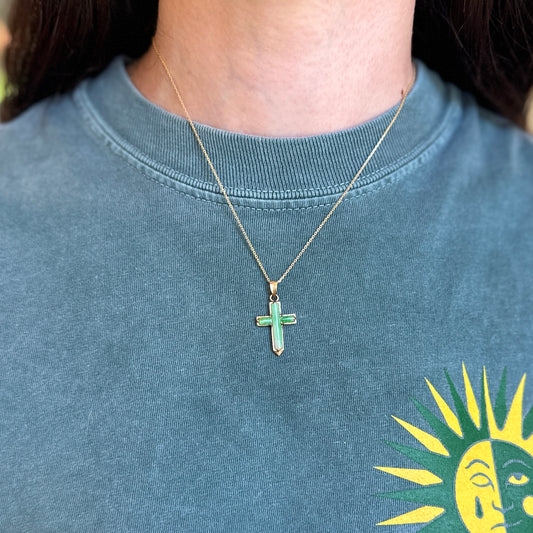 Estate 14KT Yellow Gold 3-Piece Green Jade Cross Pendant