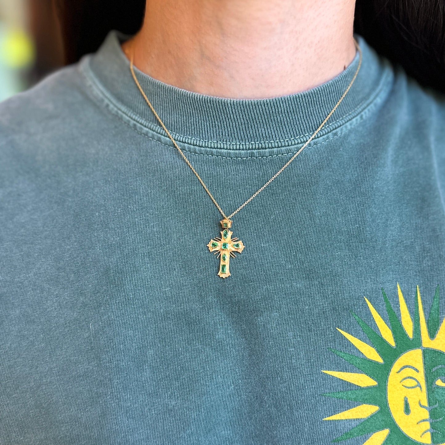 Estate 18KT Yellow Gold Multi Shaped Emerald Ornate Cross Pendant