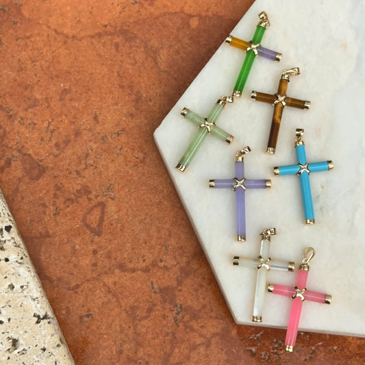 14KT Yellow Gold Turquoise Detailed Cross Pendant Charm 36mm