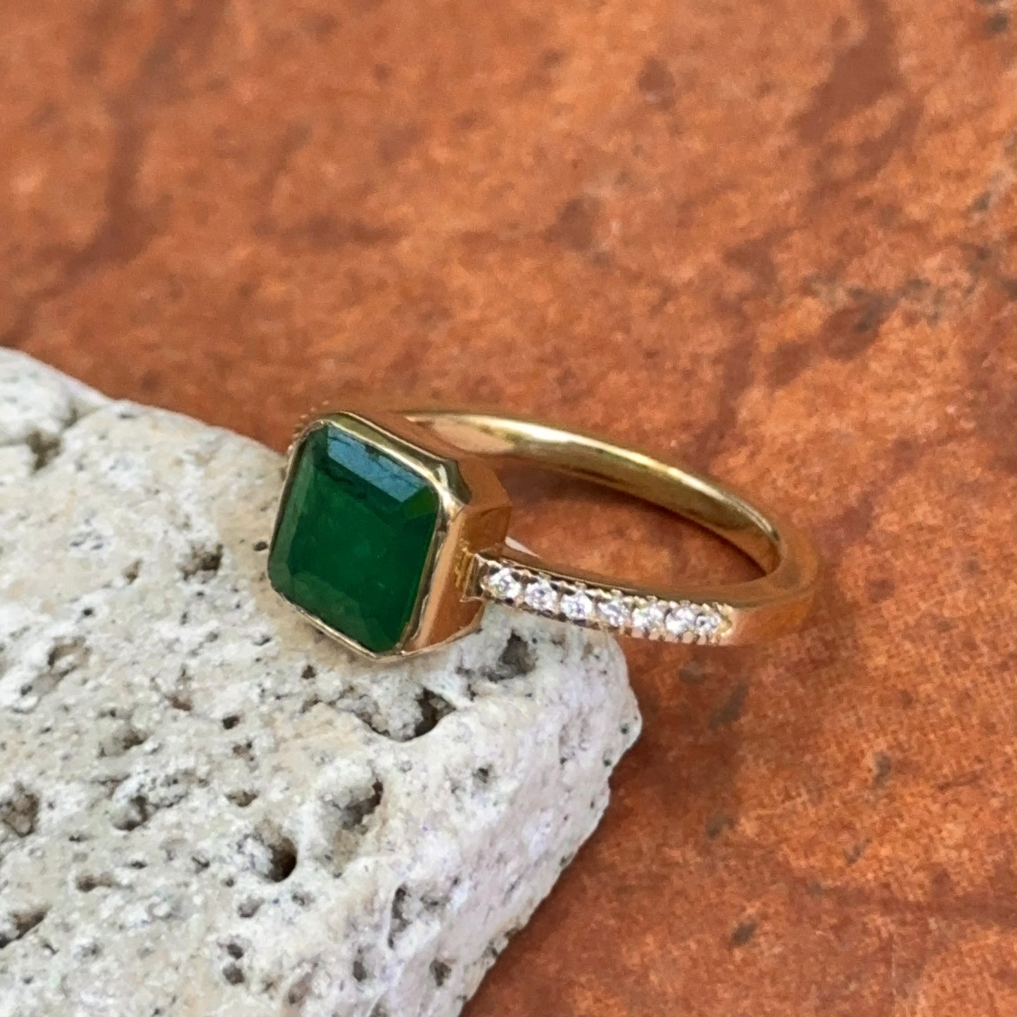 14KT Yellow Gold Bezel Emerald-Cut 1.10 CT Emerald + Diamond Ring