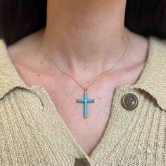 14KT Yellow Gold Turquoise Detailed Cross Pendant Charm 36mm