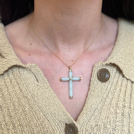 14KT Yellow Gold Jade Gemstone Detailed Cross Pendant Charm 40mm