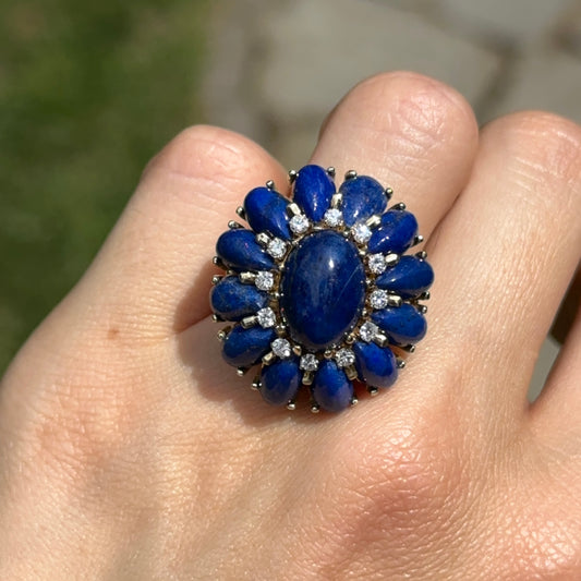 Estate 18KT Yellow Gold Oval & Pear Lapis Round Diamond Ring