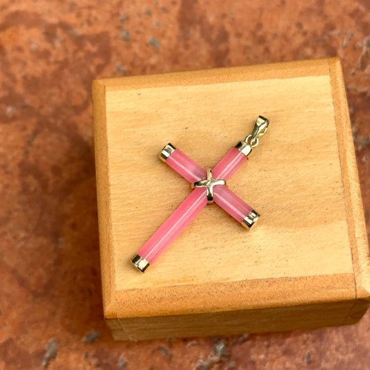 14KT Yellow Gold Pink Jade Detailed Cross Pendant Charm 36mm