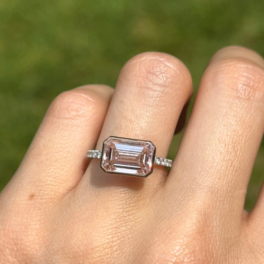 Estate 14KT White + Rose Gold 4.3 CT Pink Emerald-Cut Lab Diamond Ring