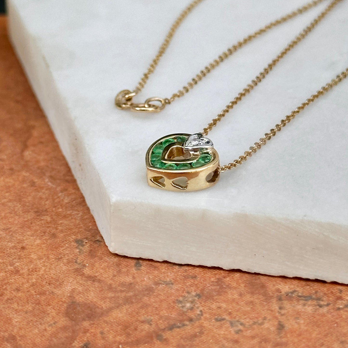 Estate 14KT Yellow Gold Emerald + Diamond Heart Necklace