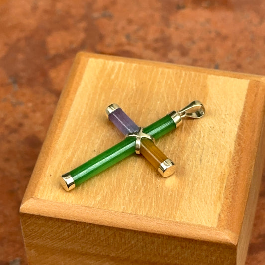 14KT Yellow Gold Green + Multi-Color Jade Detailed Cross Pendant Charm 36mm
