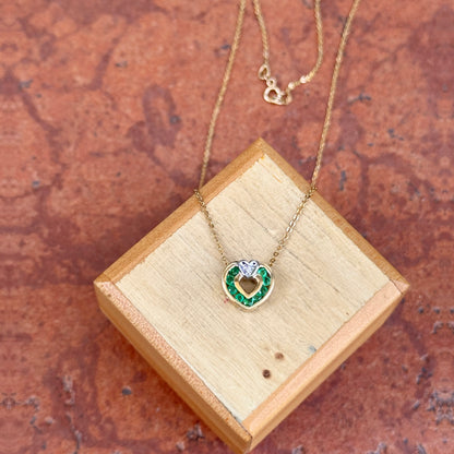 Estate 14KT Yellow Gold Emerald + Diamond Heart Necklace