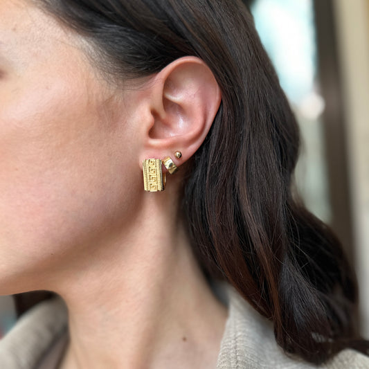 Estate 14KT Yellow Gold Byzantine Greek Key Square Hoop Earrings - LSJ