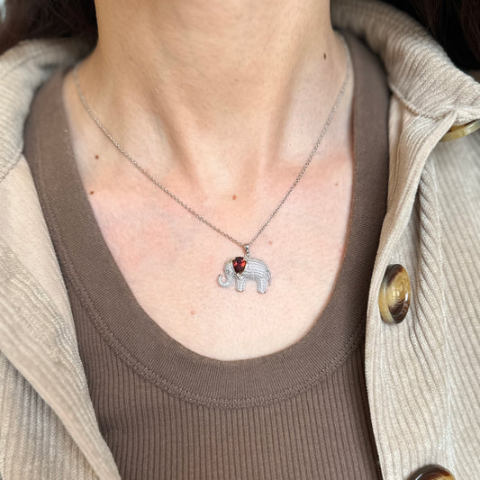 Sterling Silver + 14KT Yellow Gold Diamond + Ruby Elephant Necklace