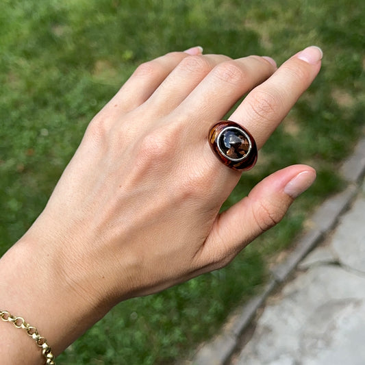 Sterling Silver Oval Cabochon Smokey Quartz + Tiger Print Enamel Ring