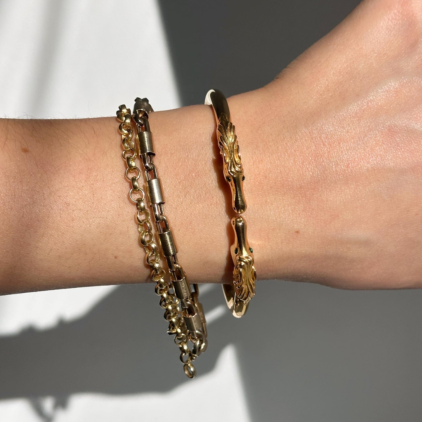 Estate Yellow Gold Tone Double Horse Head + Green White Eyes Cuff Bracelet - LSJ