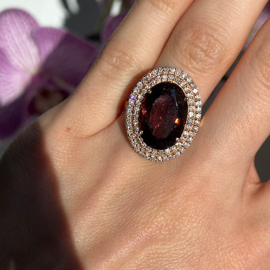 14KT Rose Gold Oval Large Tourmaline + Double Diamond Halo Ring