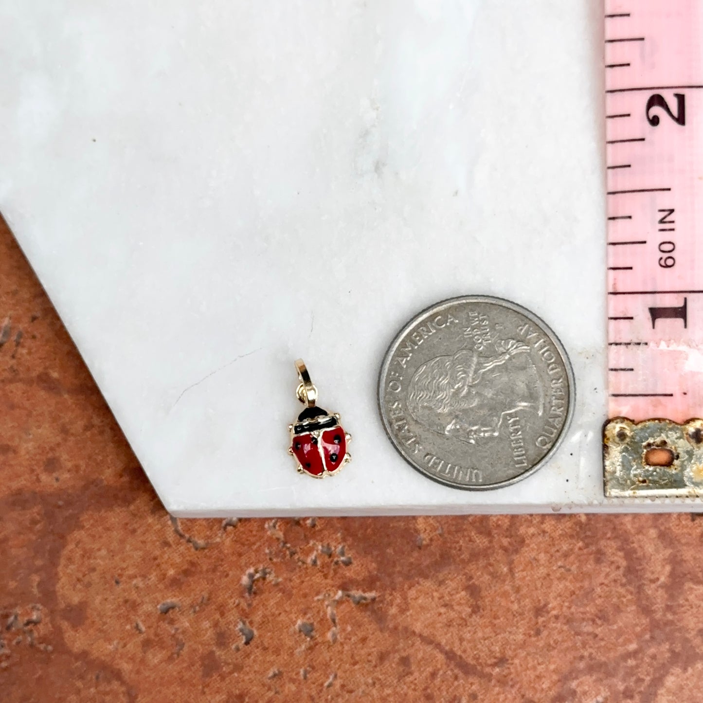 14KT Yellow Gold Red Enamel Ladybug Pendant Charm 18mm