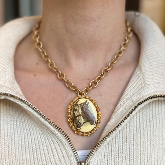 Vintage Enamel Horse Necklace Gold-Filled Seed Pearl Cable Link