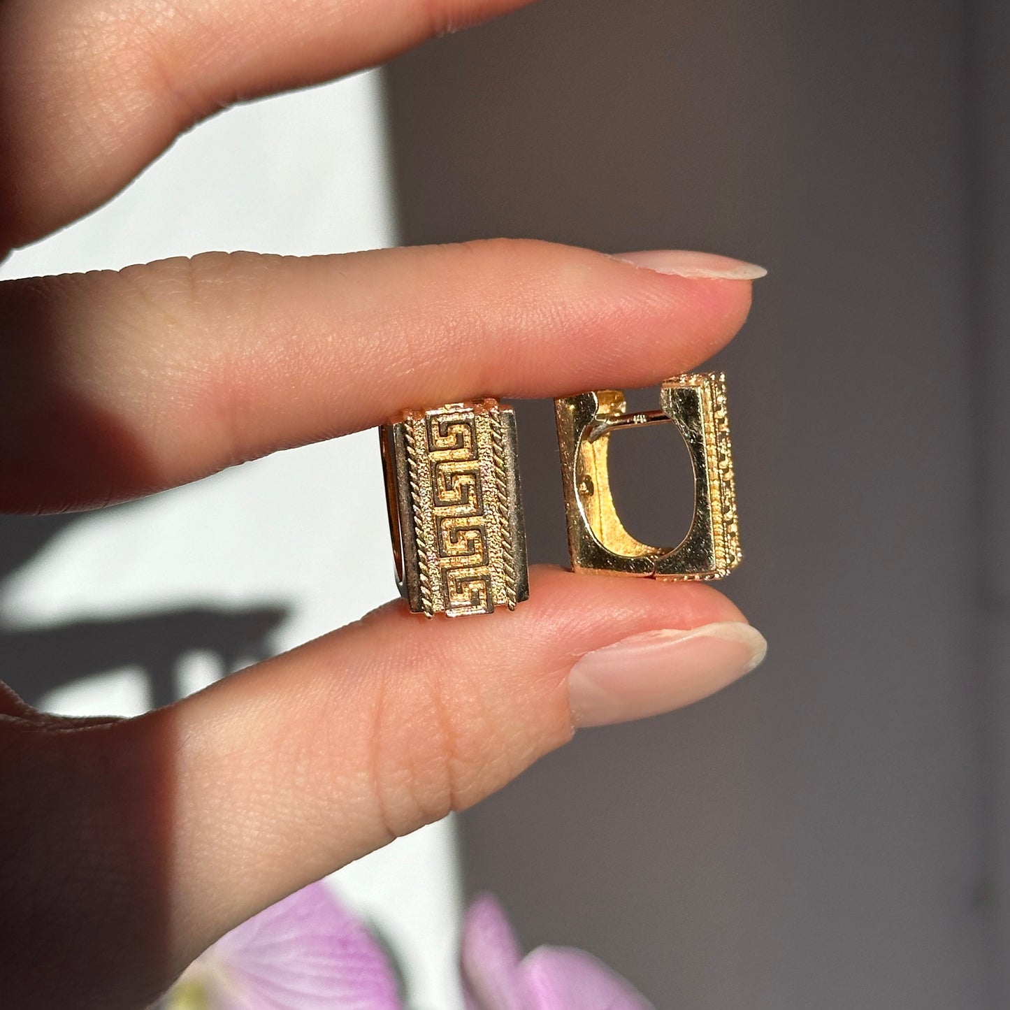 Estate 14KT Yellow Gold Byzantine Greek Key Square Hoop Earrings - LSJ