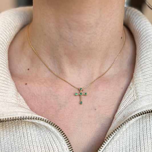 14KT Yellow Gold Round Emerald Twisted Cross Pendant Slide 19mm