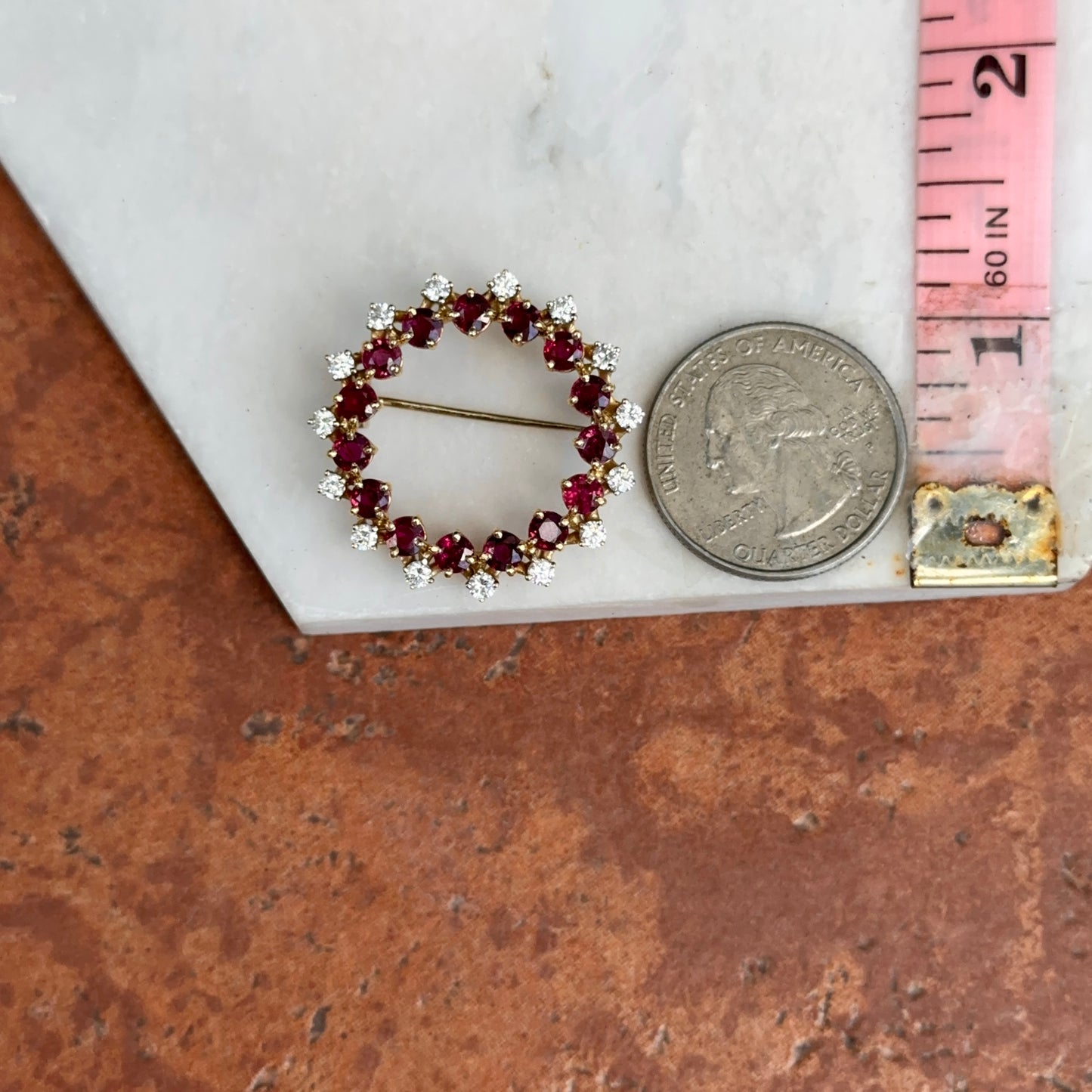 Estate 18KT Yellow Gold Round Ruby + Diamond Circle Brooch/Pin