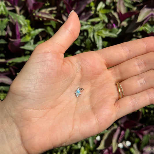 14KT White Gold Mini Size Light Blue Enamel Filigree Hamsa Pendant Charm