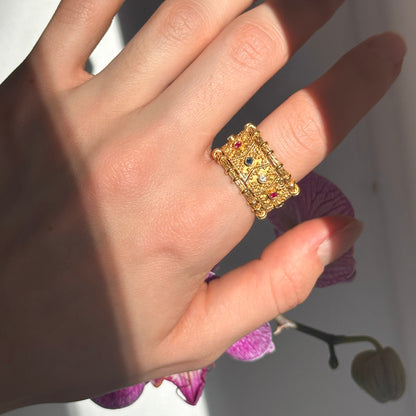 Estate 18KT Yellow Gold Matte Byzantine Gemstone Flexible Ring