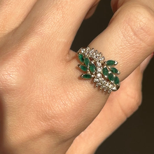 Estate 14KT Yellow Gold Marquise Colombian Emerald + Diamond Ring - LSJ