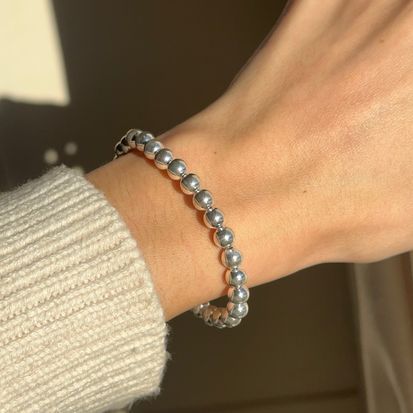 Sterling Silver Shiny 6mm Beaded Stretch Bangle Bracelet