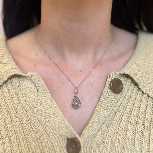 14KT White Gold Amethyst Filigree Vintage Design Oval Cage Pendant