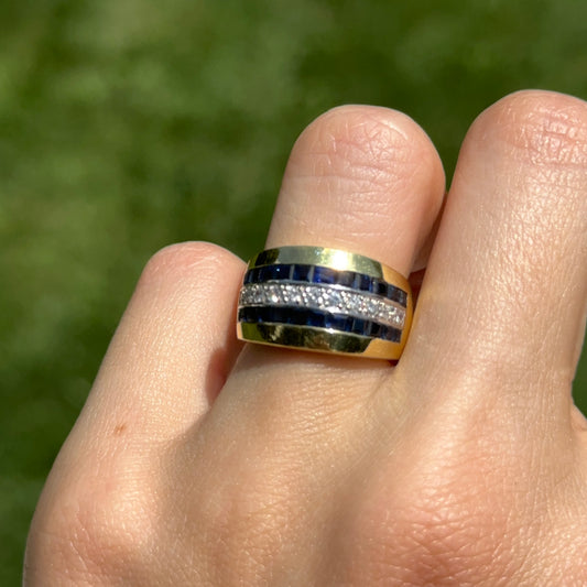 Estate 18KT Yellow Gold Princess-Cut Sapphire + Diamond Band Ring