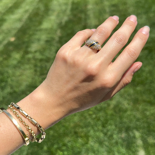 Estate 18KT Yellow Gold Princess Cut Sapphire + Bead Set DiamondRing