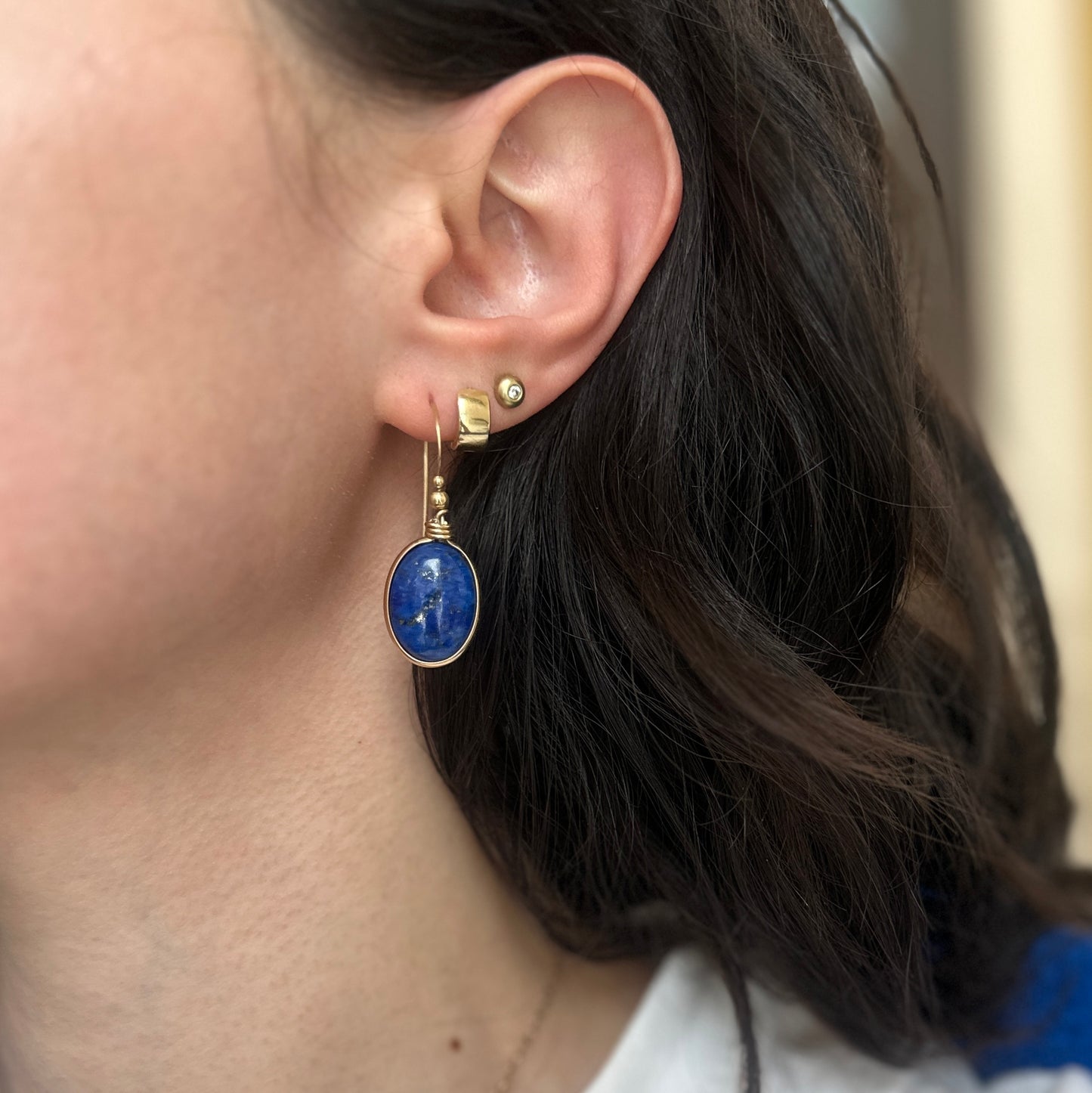 14KT Yellow Gold Large Oval Blue Lapis Bead Wire Drop Earrings
