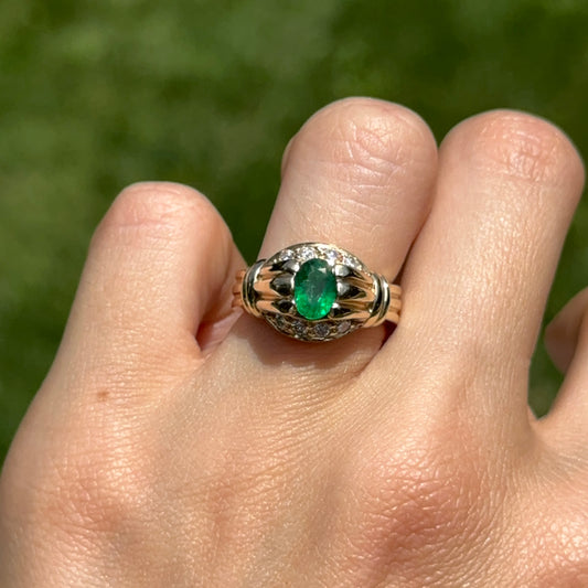 Estate 14KT Yellow Gold Oval Colombian Emerald + Diamond Ring