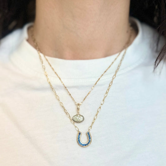 14KT Yellow Gold Blue Sapphire Horseshoe Chain Necklace 18"