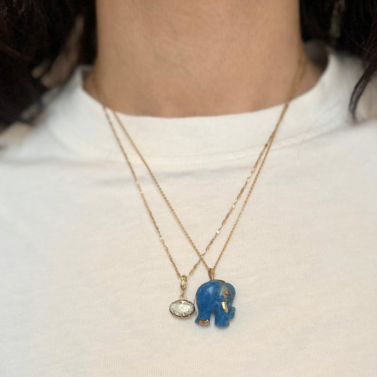 Estate 14K Yellow Gold Carved Lapis Elephant + Pink Stone Eye Pendant