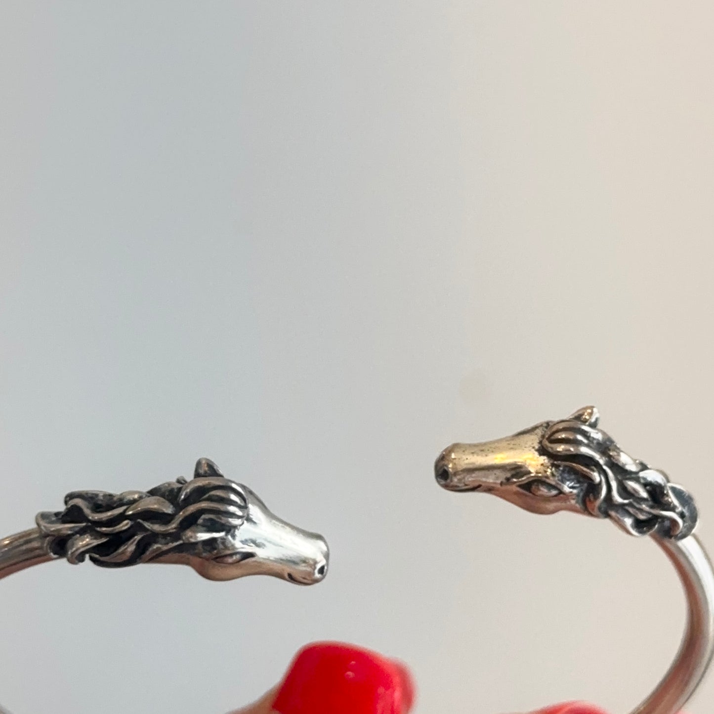 Estate Sterling Silver Antiqued Two Horse Head Open Cuff Bracelet