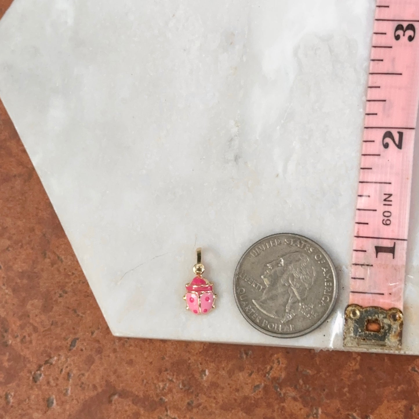 14KT Yellow Gold Pink Enamel Ladybug Pendant Charm