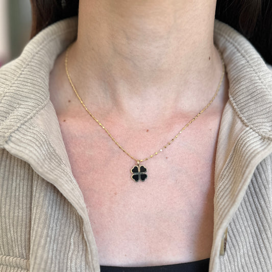 14KT Yellow Gold Black Onyx 4-Leaf Clover Pendant Charm