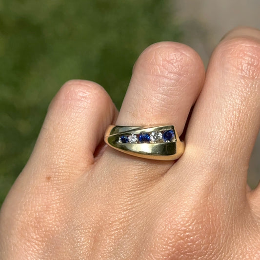 Estate 18KT Yellow Gold Round Blue Sapphire + Diamond Channel Set Ring