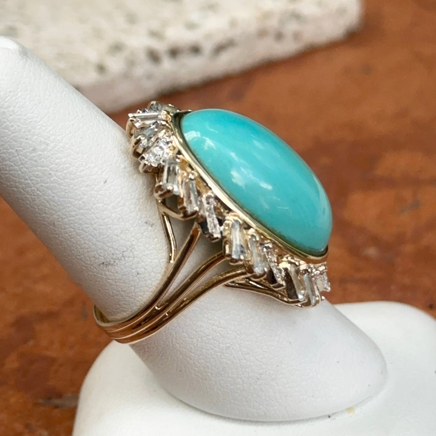Estate 14KT Yellow Gold Oval Turquoise + Baguette Aquamarine Diamond Ring
