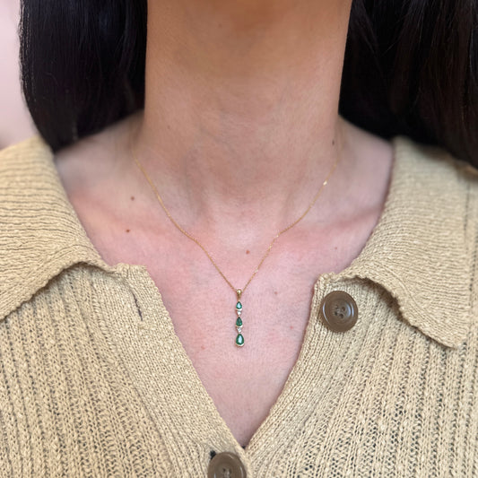 Estate 14KT Yellow Gold Teardrop Faceted Emerald + Diamond Pendant