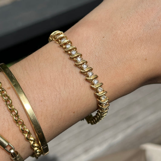 Estate 14KT Yellow Gold Diamond Station S Link Tennis Bracelet 7"