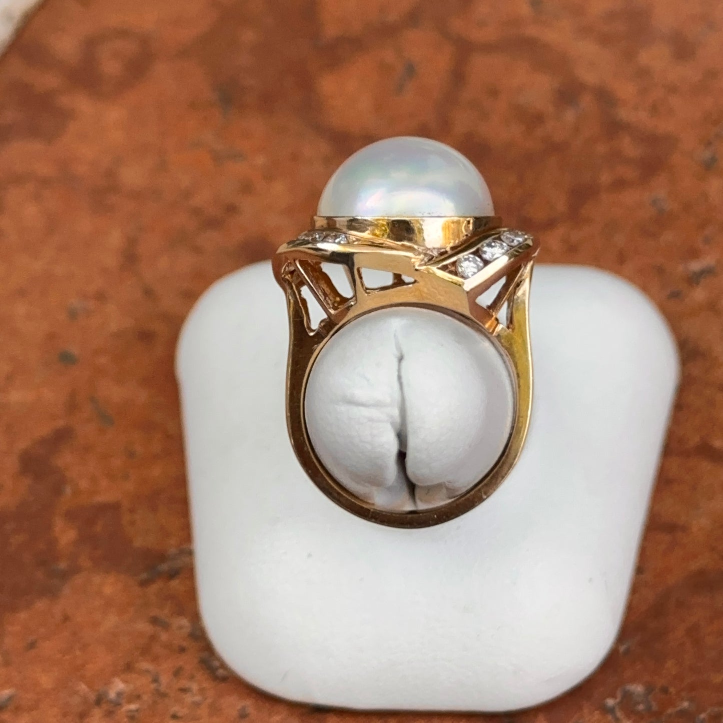 Estate 14KT Round Mabe Pearl + Channel Set Diamond Ring