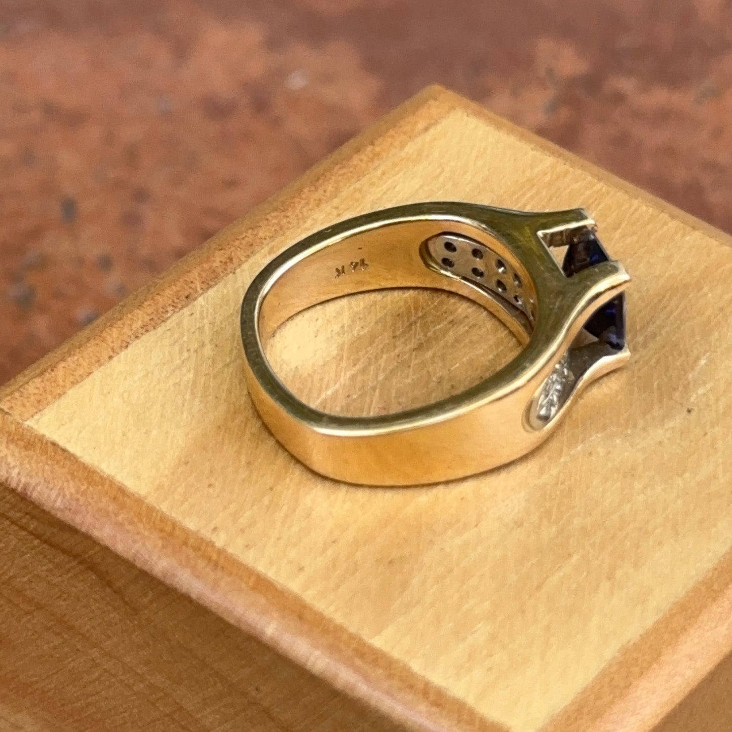 Estate 14KT Yellow Gold Square Iolite + Diamond Ring