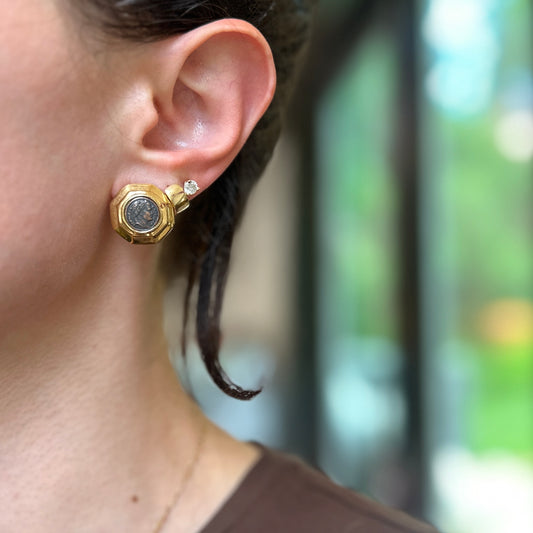 Estate Gold-Tone Ancient Roman Replica Roman Coin Bezel Earrings 16mm